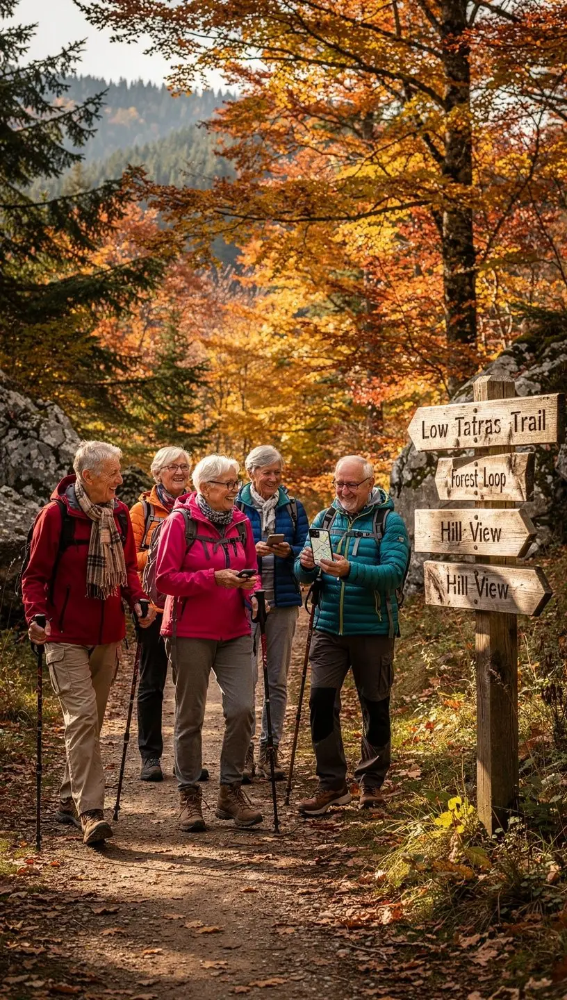 A detailed route map highlighting popular hiking trails in Slovakia's national parks, marked with key landmarks.